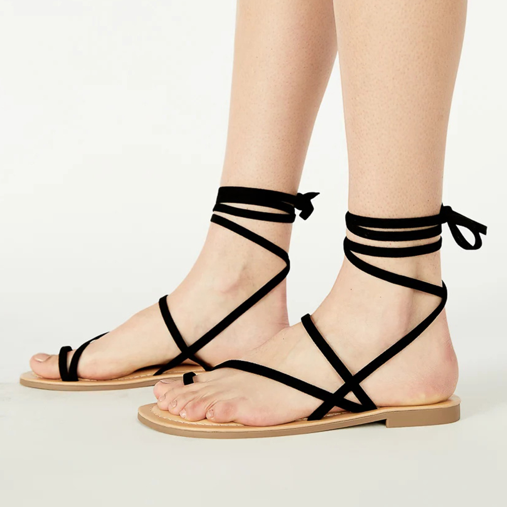 Black Open Toe Flat Lace Up Strappy Sandals Nicepairs