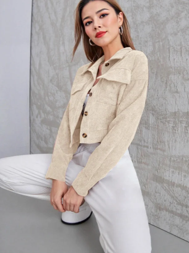 Nigikala Nigikala Women's Corduroy Flip Pocket Button Short Casual Jacket Jacket