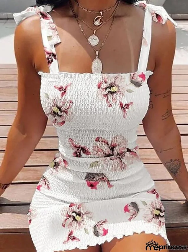 Women's Dress - Bodycon Sheath Dress Slip Dress Mini Dress White Pink Blue Sleeveless Floral Ruched Spring Summer Square Neck Stylish Weekend Slim S M L XL XXL