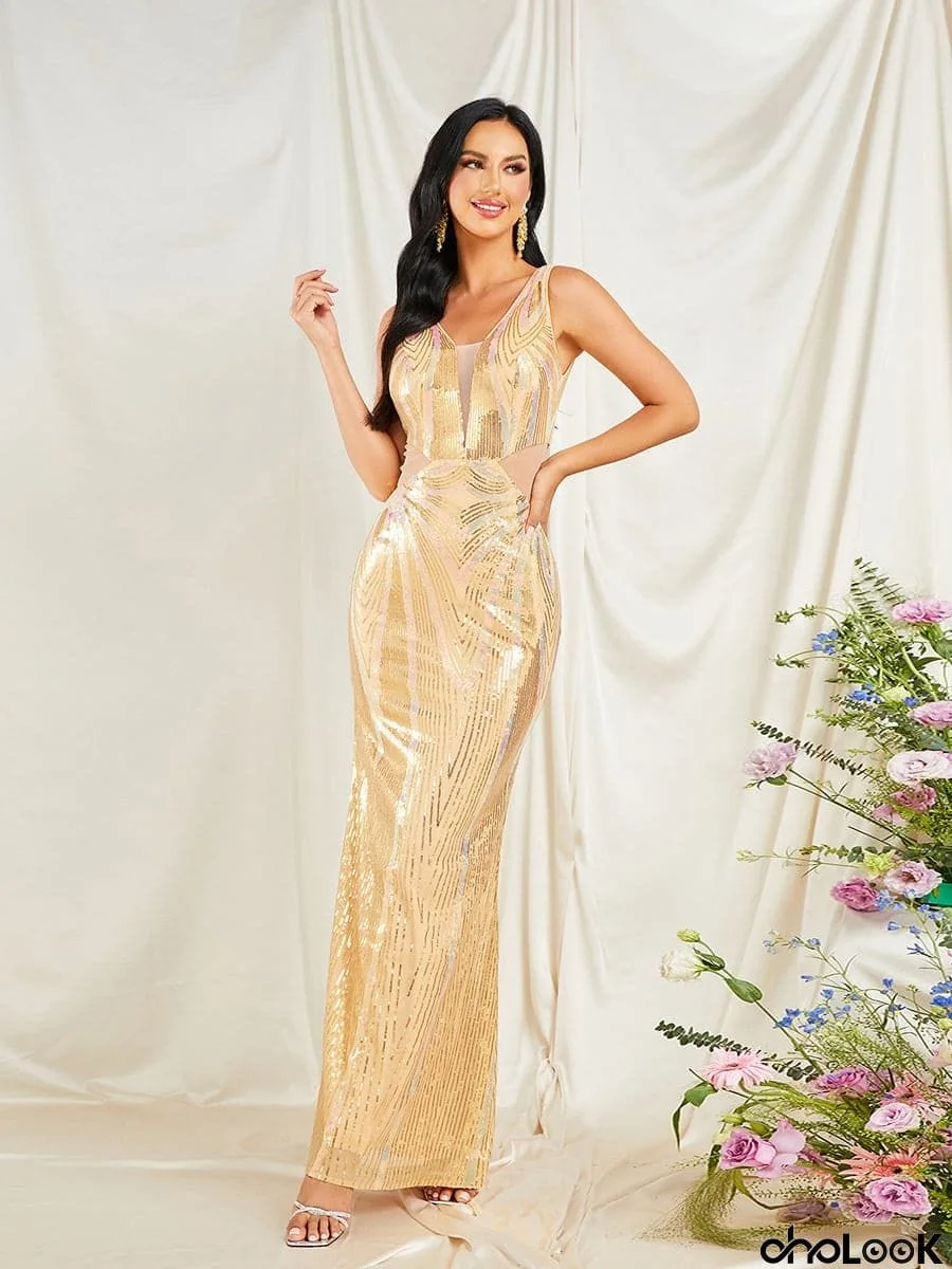 Sleeveless Mermaid Sequin Cutout Gold Evening Dress RM20357
