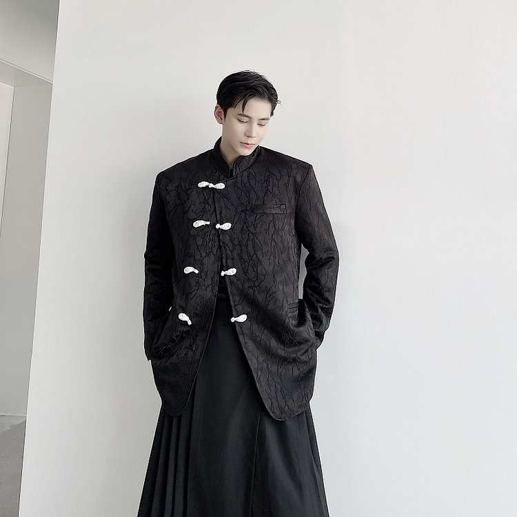 Dawfashion-Dark Vintage Satin Stand Collar Button Blazer Jacket-Yamamoto Diablo Clothing