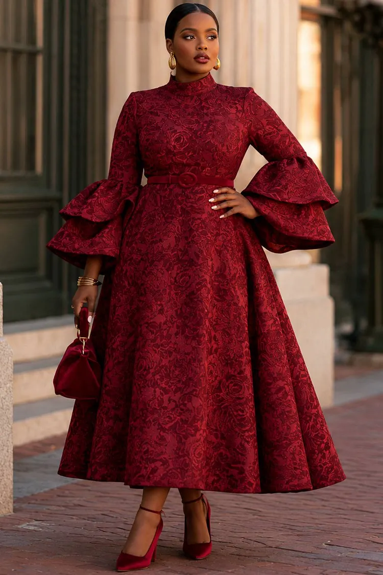 Xpluswear Design Plus Size Wedding Guest Burgundy Stand-Up Collar Flare Long Sleeve Pocket Midi Dresses [Pre-Order] 2024 - Xpluswear