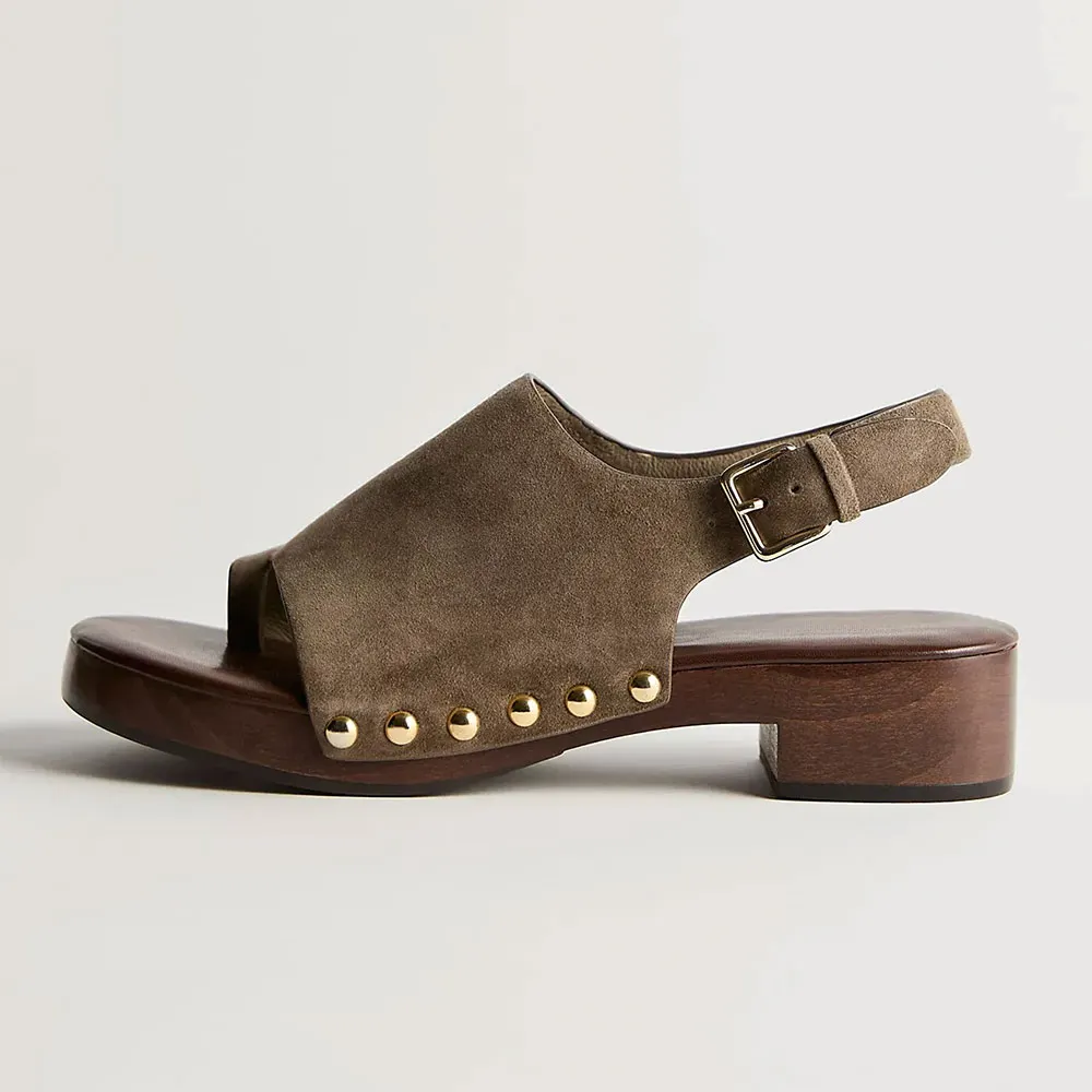 Light Khaki Open Toe Studded Slingback Low Heel Sandals with Platform