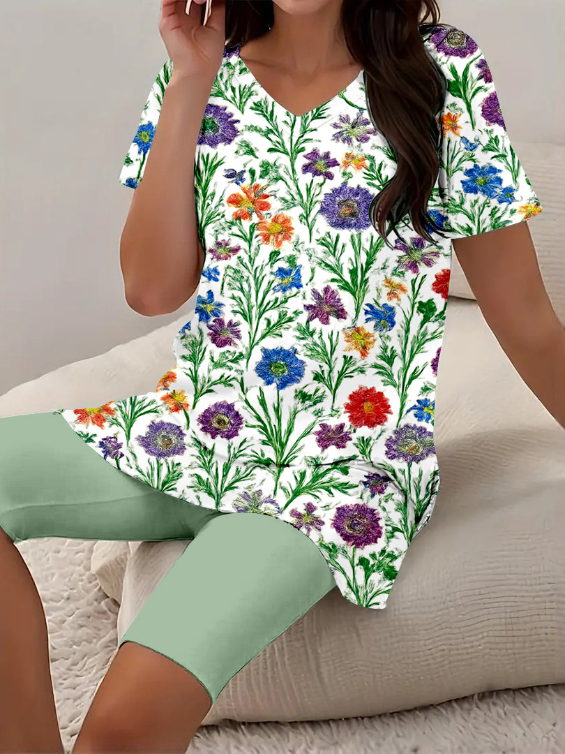Women Long Sleeve V-neck Graphic Floral Printed Top