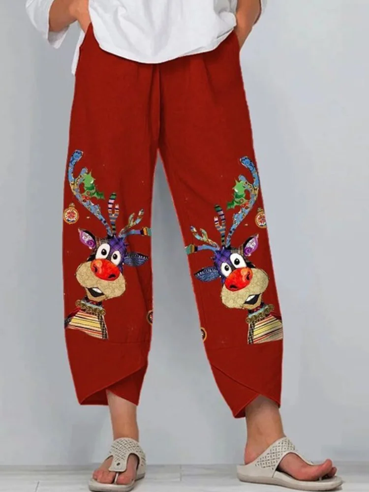 Vefave Christmas Fun Elk Print Casual Wide Leg Pants