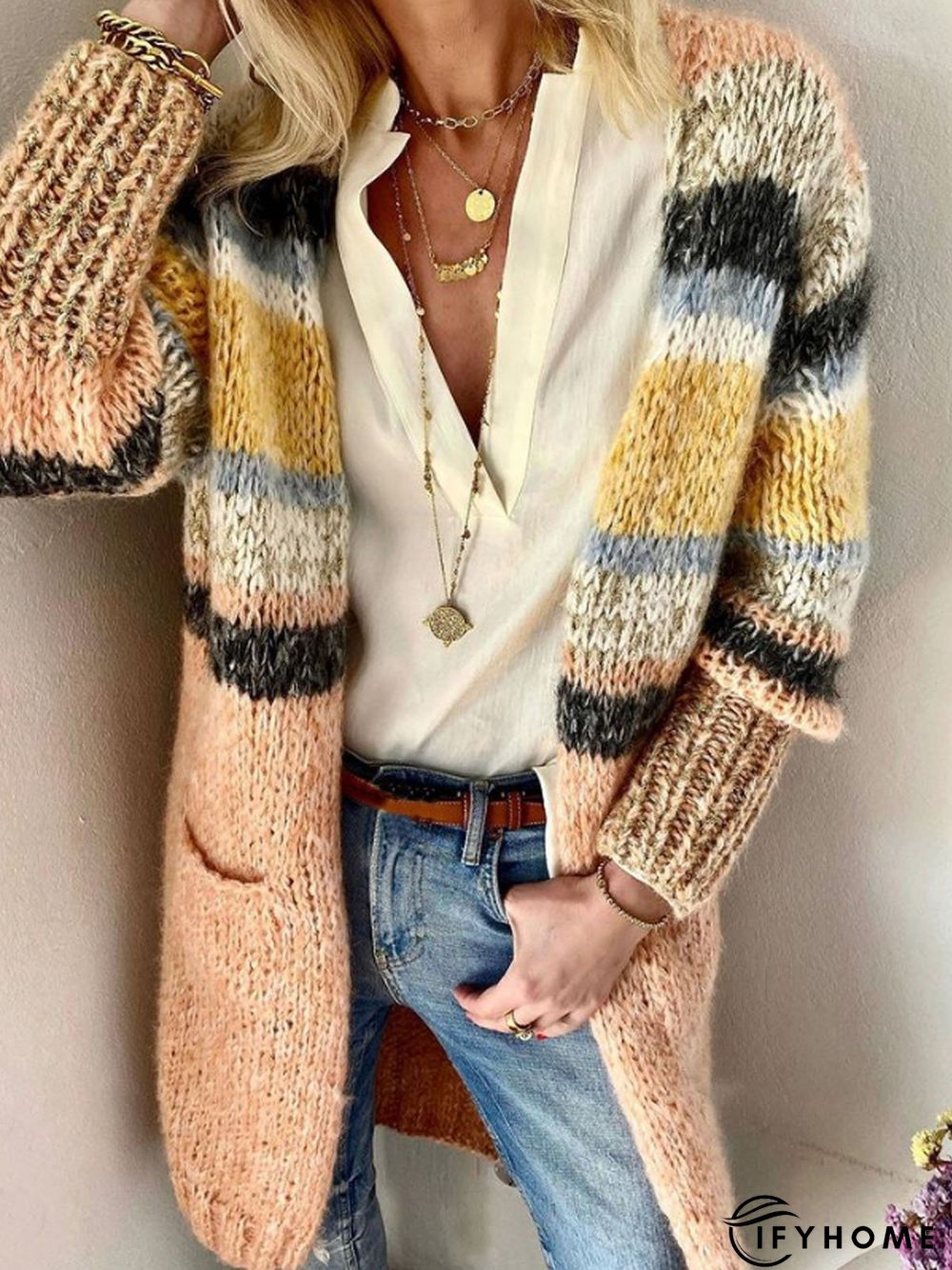 Women Casual Color Block Winter Heavyweight Daily Loose Long sleeve WoolKnitting Mid-long | IFYHOME