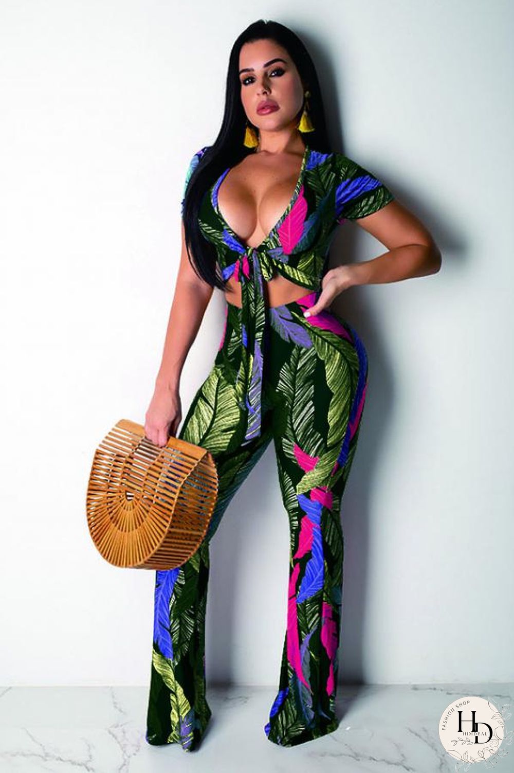 Yellow Polyester Fashion Sexy Patchwork Print Boot Cut Short Sleeve Two-piece Pants Set