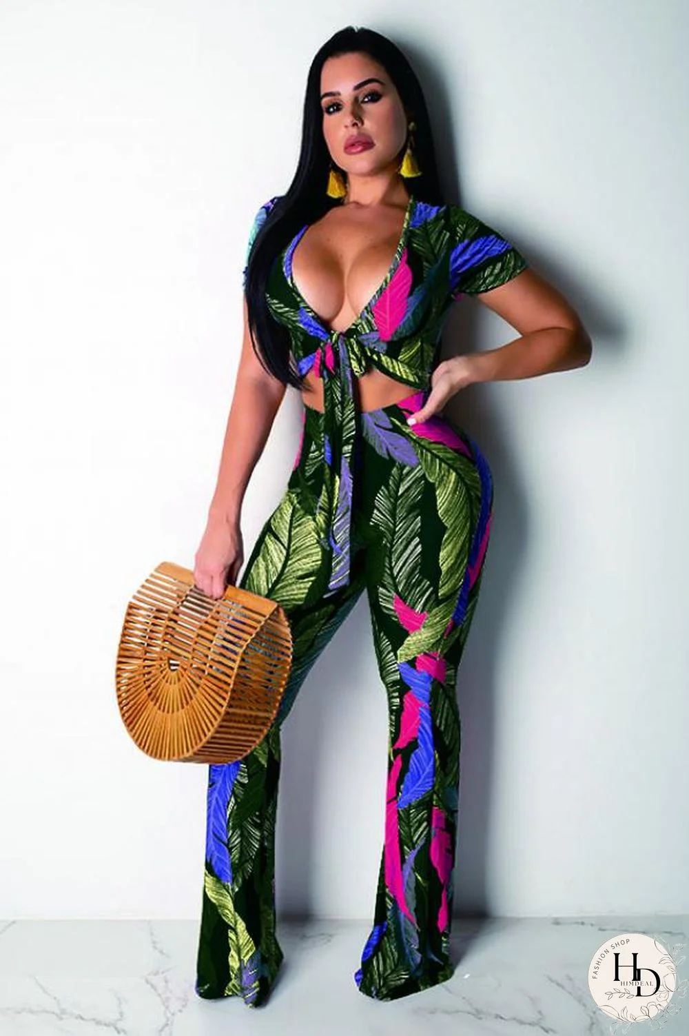 Yellow Polyester Fashion Sexy Patchwork Print Boot Cut Short Sleeve Two-piece Pants Set