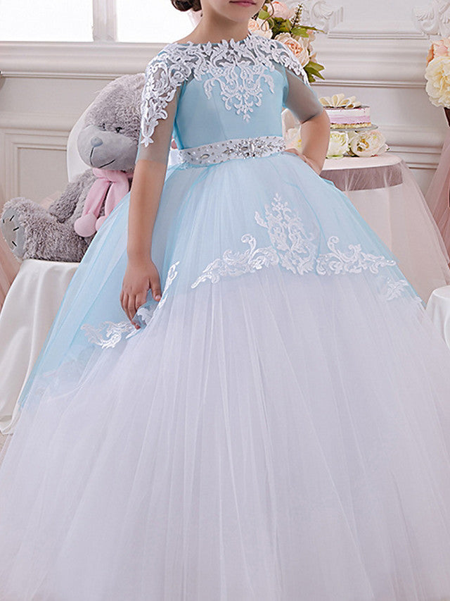Oknass Ball Gown Half Sleeve Jewel Neck Flower Girl Dress Polyester With Bow Appliques