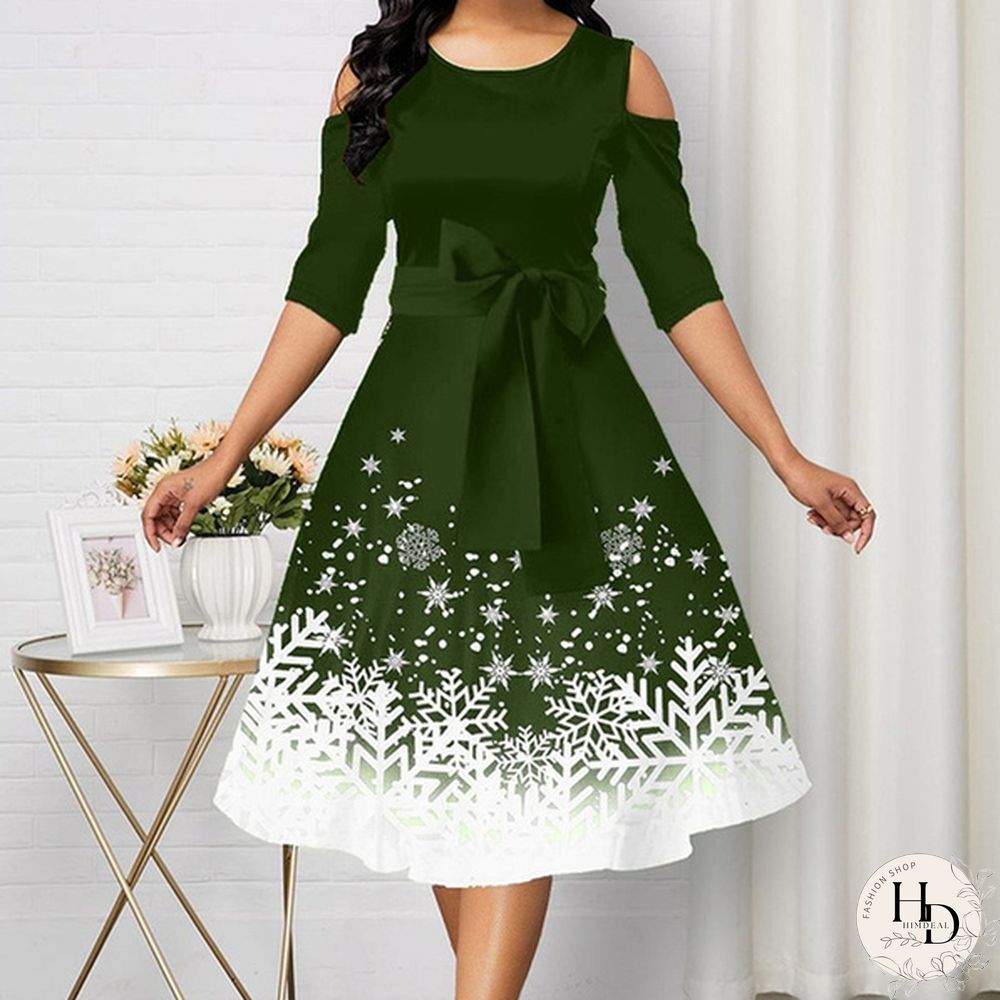 Womens Belted Snowflake Print Cold Shoulder Round-neck Elegant Dress Plus Size Fashion