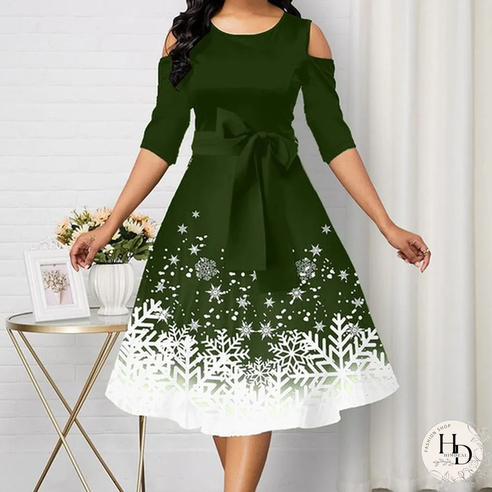 Womens Belted Snowflake Print Cold Shoulder Round-neck Elegant Dress Plus Size Fashion