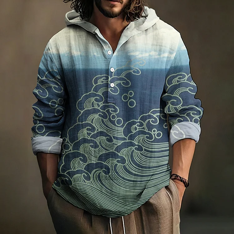 Japanese Wave Landscape Retro Art Linen Hooded Shirt