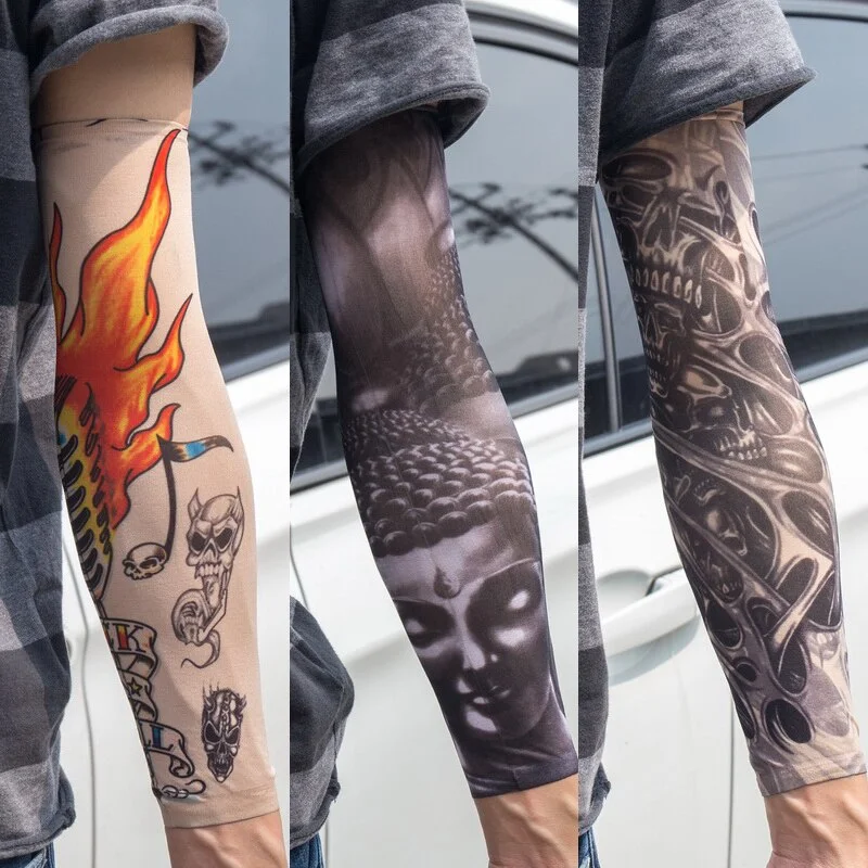 3PCS/lot new mixed 100%Nylon elastic Fake temporary tattoo sleeve skull wolf totem dragon designs body Arm stockings cool men