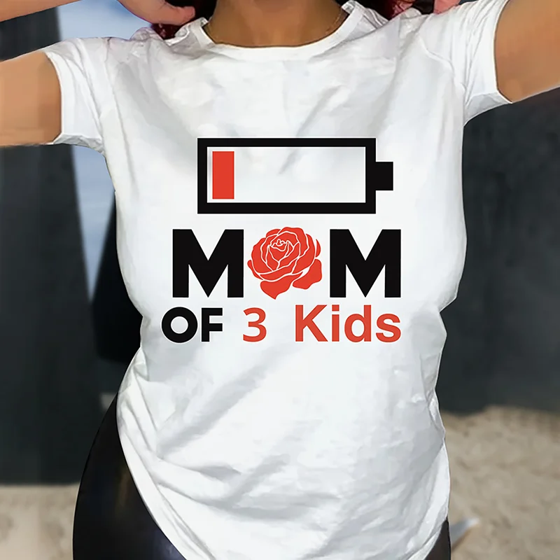 Stylish Mom of Three Kids Print Crew Neck Cozy T-Shirt