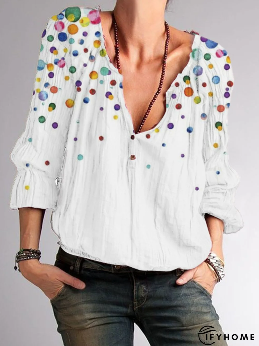 White Polka Dots Cotton-Blend Casual Shirts & Tops | IFYHOME