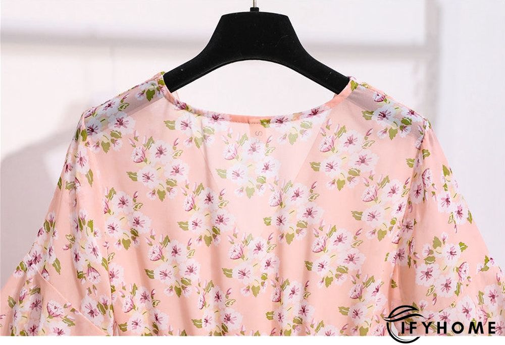 Spring Summer Chiffon Women V-Neck Floral Print Short Dresses Sweet Ruffle Sleeeve Slim Drawstring Ladies Dress | IFYHOME