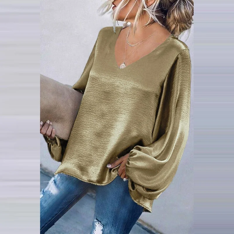 Casual Simple New V Neck Solid Color T-shirts Fashion Autumn Winter Long Sleeves Loose Pullover Top Office Lady Elegant T-shirts