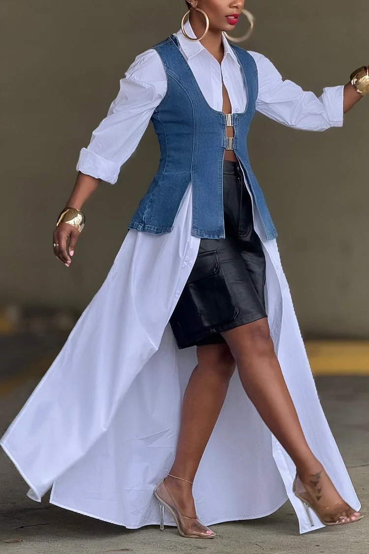 Plus Size Business Casual Blue Casual Split Denim Vest [Pre-Order]