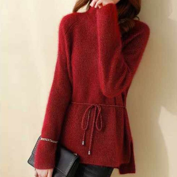 Lace-Up Knitted Shift Long Sleeve Sweater QueenFunky