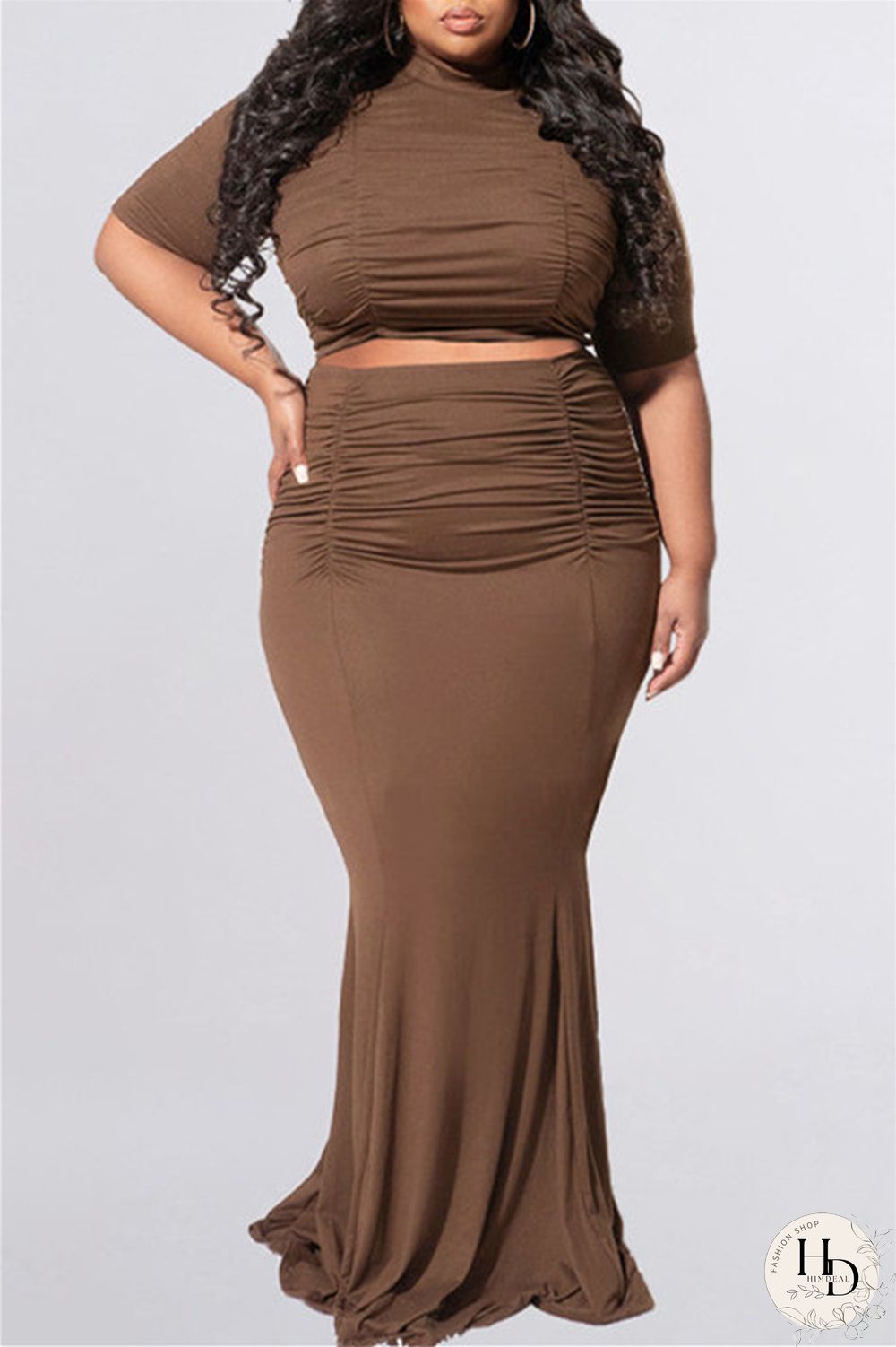 Dark Gray Fashion Casual Solid Fold O Neck Plus Size Two Pieces