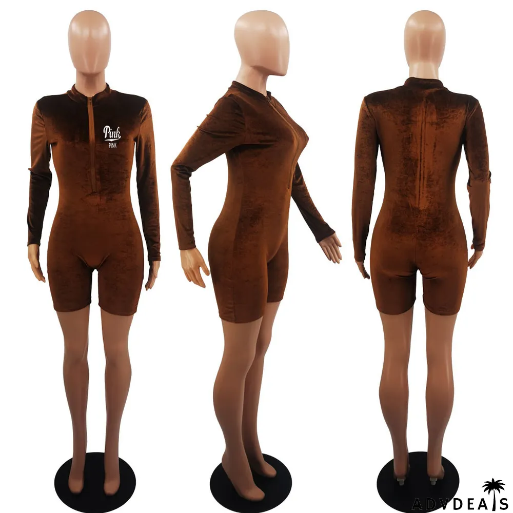 Velvet PINK Letter Print Zipper Long Sleeve Rompers