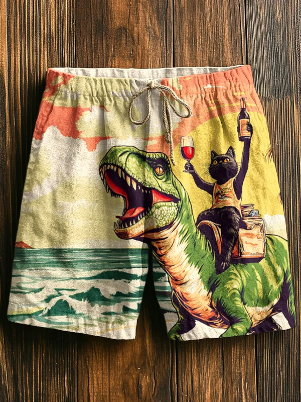 Men's Surreal Art Dinosaur And Black Cat Printed Vacation Shorts