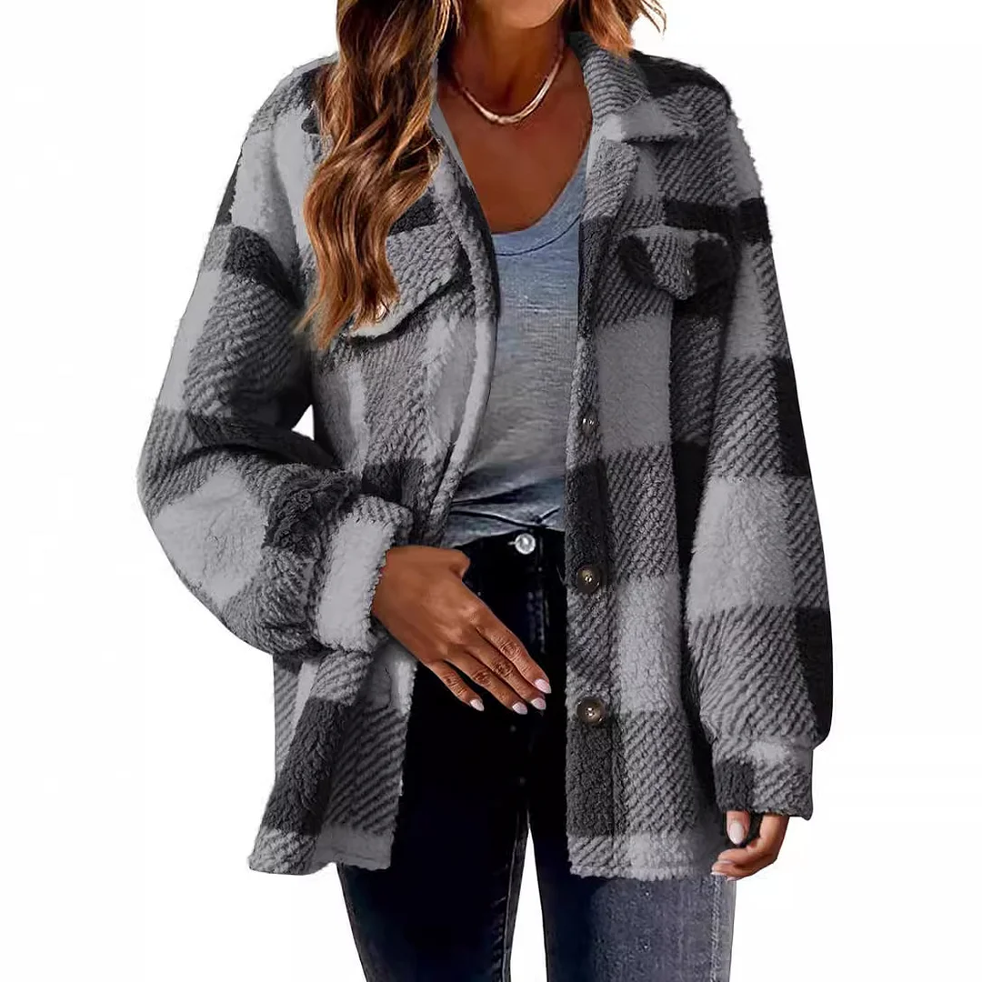 Uveng Uveng Women's 2025 New Autumn And Winter With Pocket Lattice Lamb Jacket Button Plush Jacket