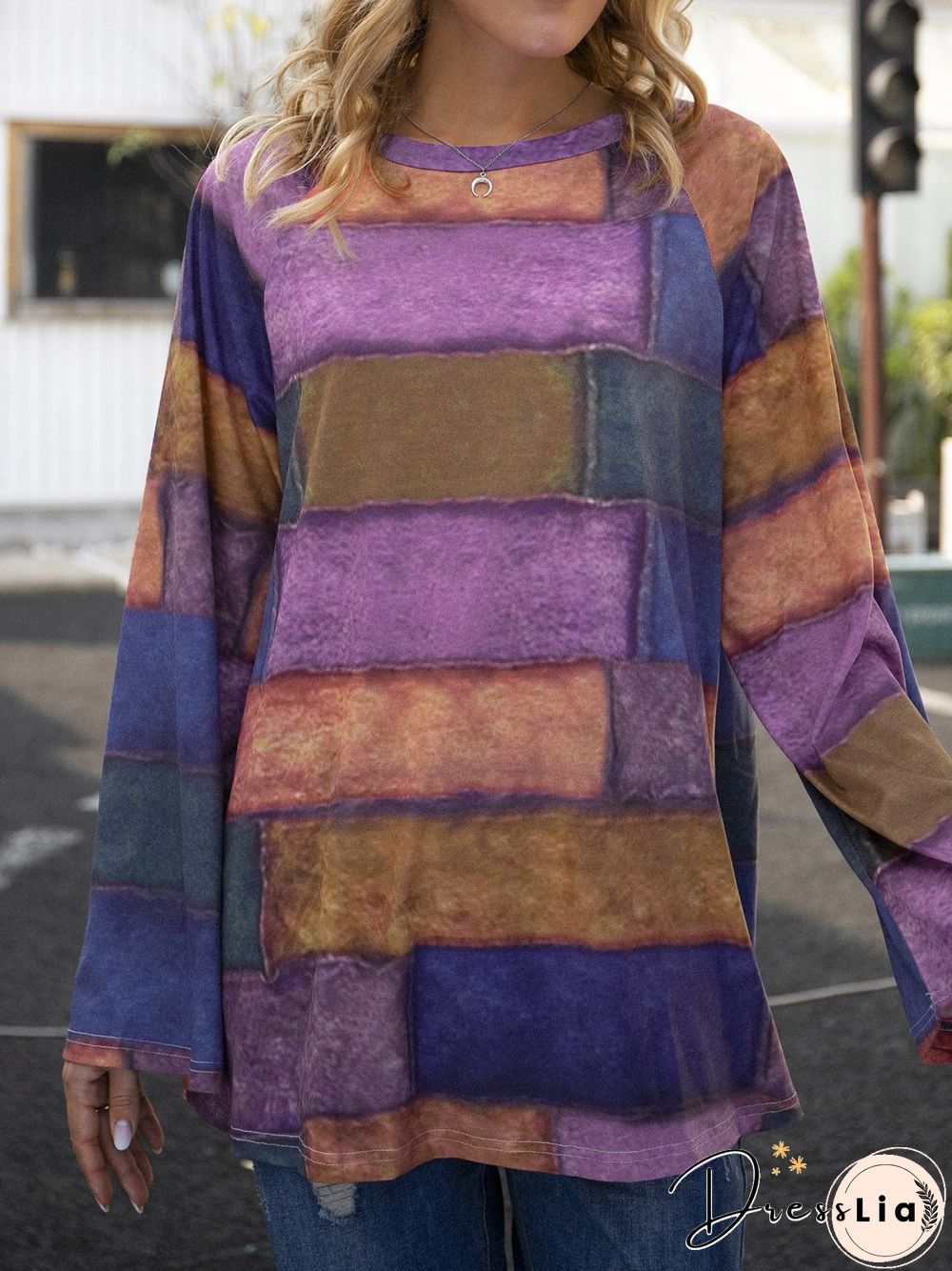 Floral-Print Crew Neck Long Sleeve Casual Tops