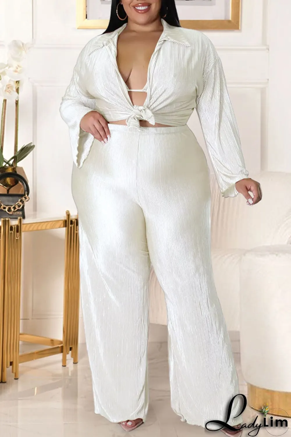Tangerine Red Sexy Solid Patchwork Turndown Collar Plus Size Three Pieces