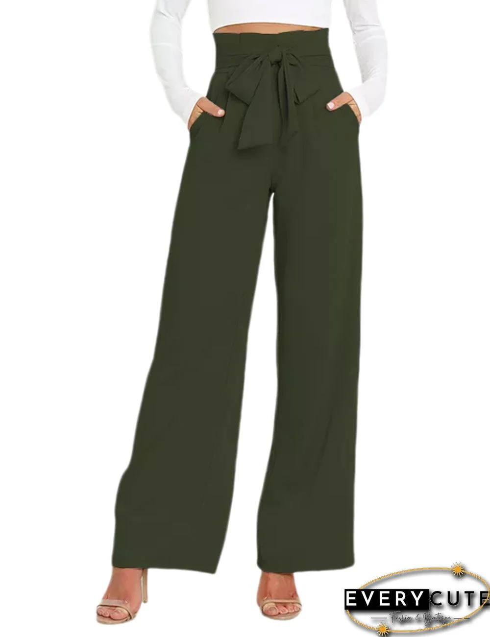 Army Green Wide Leg High Waist Pocket Pants with Belt