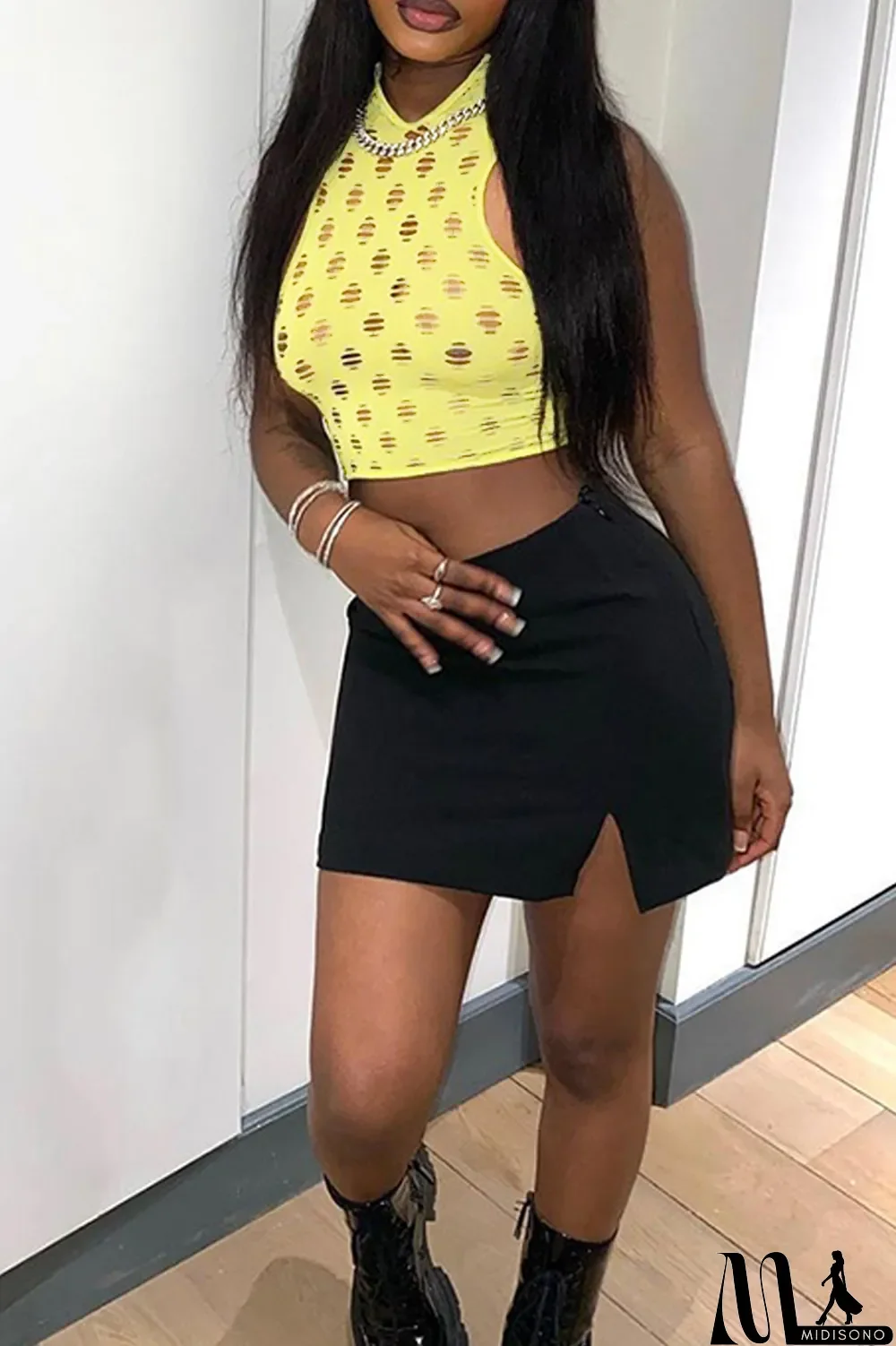 MidiSono - Yellow Fashion Sexy Solid Ripped Hollowed Out O Neck Tops