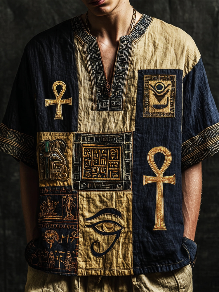Men's Ankh Eye Of Horus Ancient Egyptian Patchwork Linen Shirt