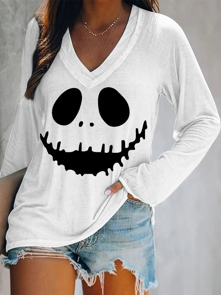 Halloween Skull Smiley Print Long Sleeve T-Shirt