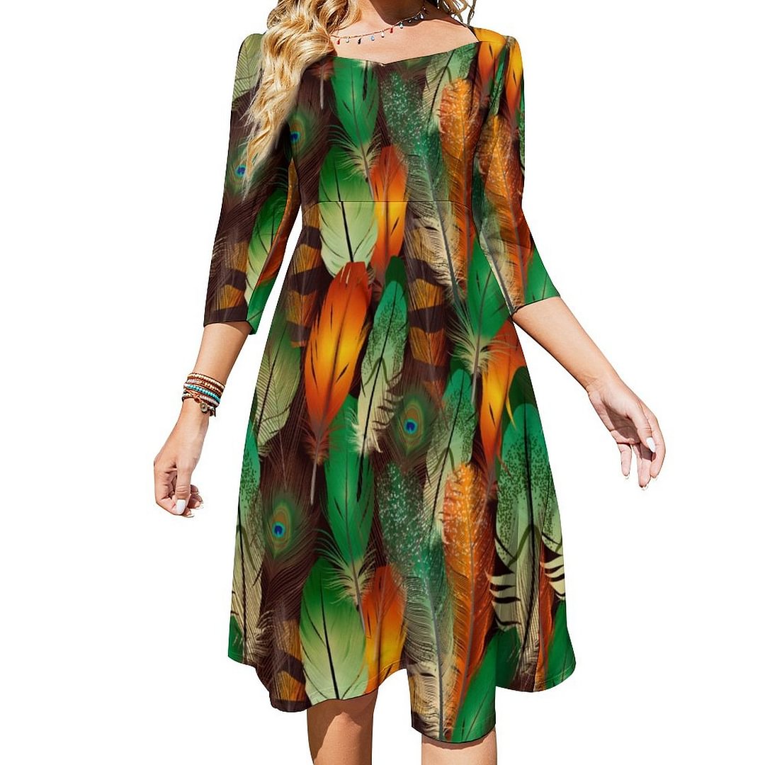 Fun Realistic Feathers Colorful Pattern Design Dress Sweetheart Tie Back Flared 3/4 Sleeve Midi Dresses