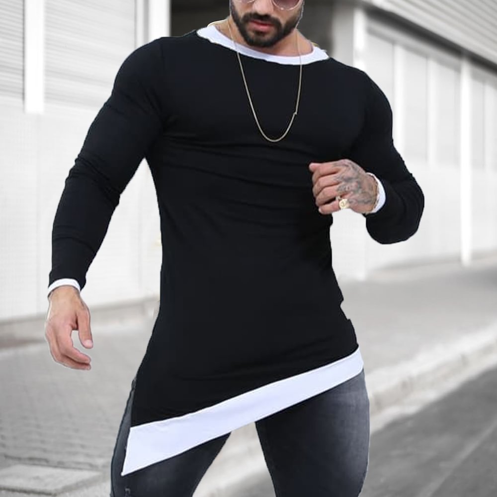 Men's Colorblock Irregular Long Sleeve T-Shirt