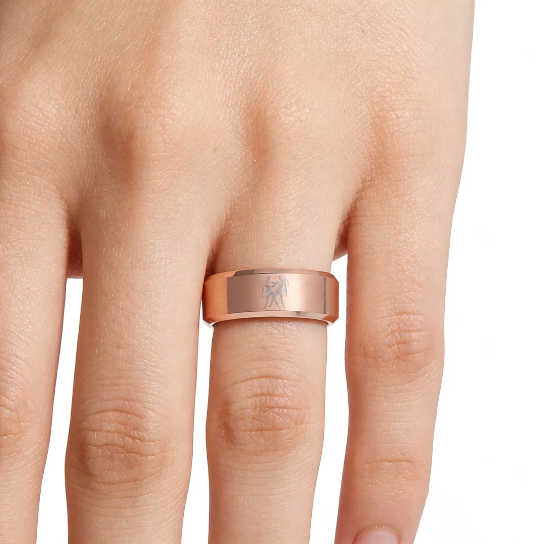 Rose Gold Gemini Tungsten Carbide Rings Beveled Edges Rose Gold Laser Etched Couple Wedding Bands 4MM 6MM 8MM Width