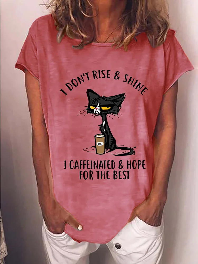 Women Cat Coffe Printing Cotton-Blend T-Shirt