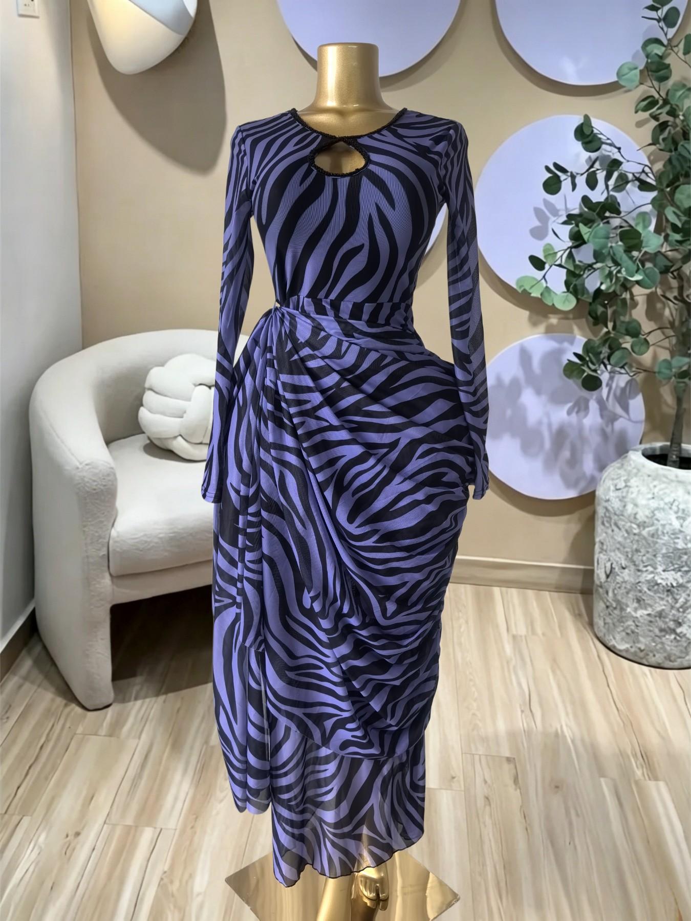 PULKRITU Elegant Women's Striped Pleated Long Sleeve Bodycon Maxi Prom Dress, Formal Wear, Fashion Birthday Party Outfit Evening Gown, Perfect for Special Occasions,Lady Casual Dress,Female Brunch Dresses,Graduation Dress, Print
