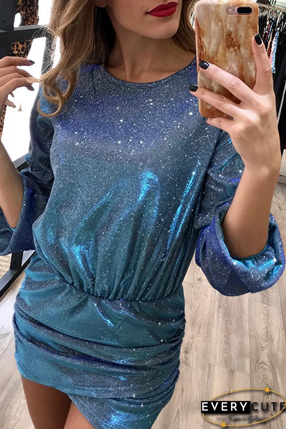 Fashion Solid Sequined Asymmetrical O Neck Pencil Skirt Dresses