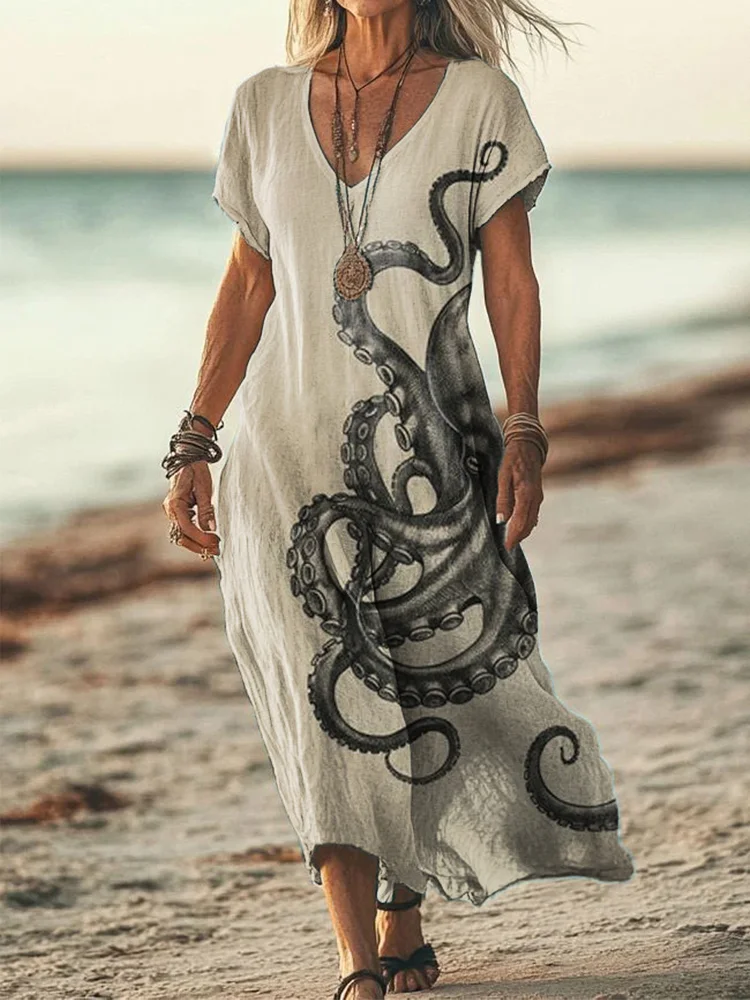 Women's Octopus Art Print Linen Blend Vintage Dress