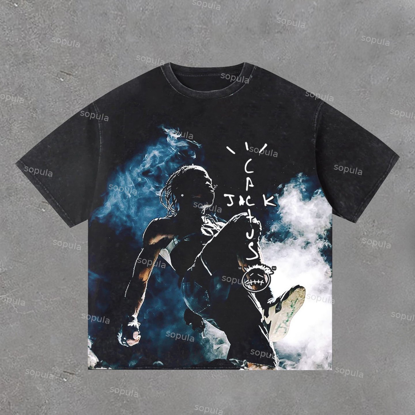 Retro Travis Scott Portrait Graphic Print Acid Washed T-Shirt - SOPULA