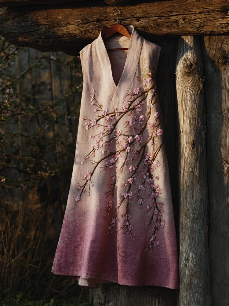 Japanese Cherry Blossom Embroidered Gradient Linen Dress