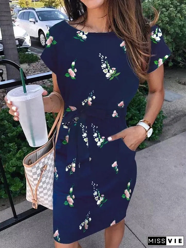 Women's Dresses Printed Belted Pocket Short Sleeve Dress