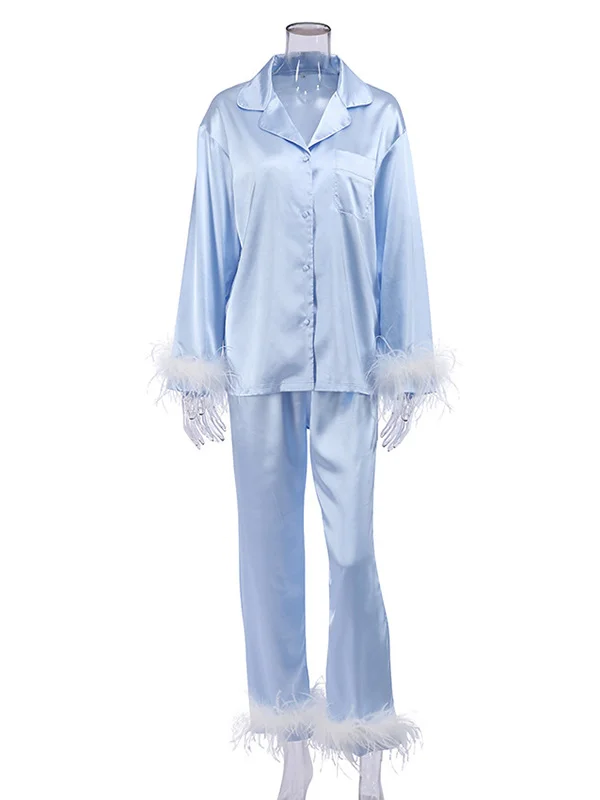 Split-Joint Long Sleeves Buttoned Feathers Notched Collar Shirts Top + Pants Bottom Pajama Sets