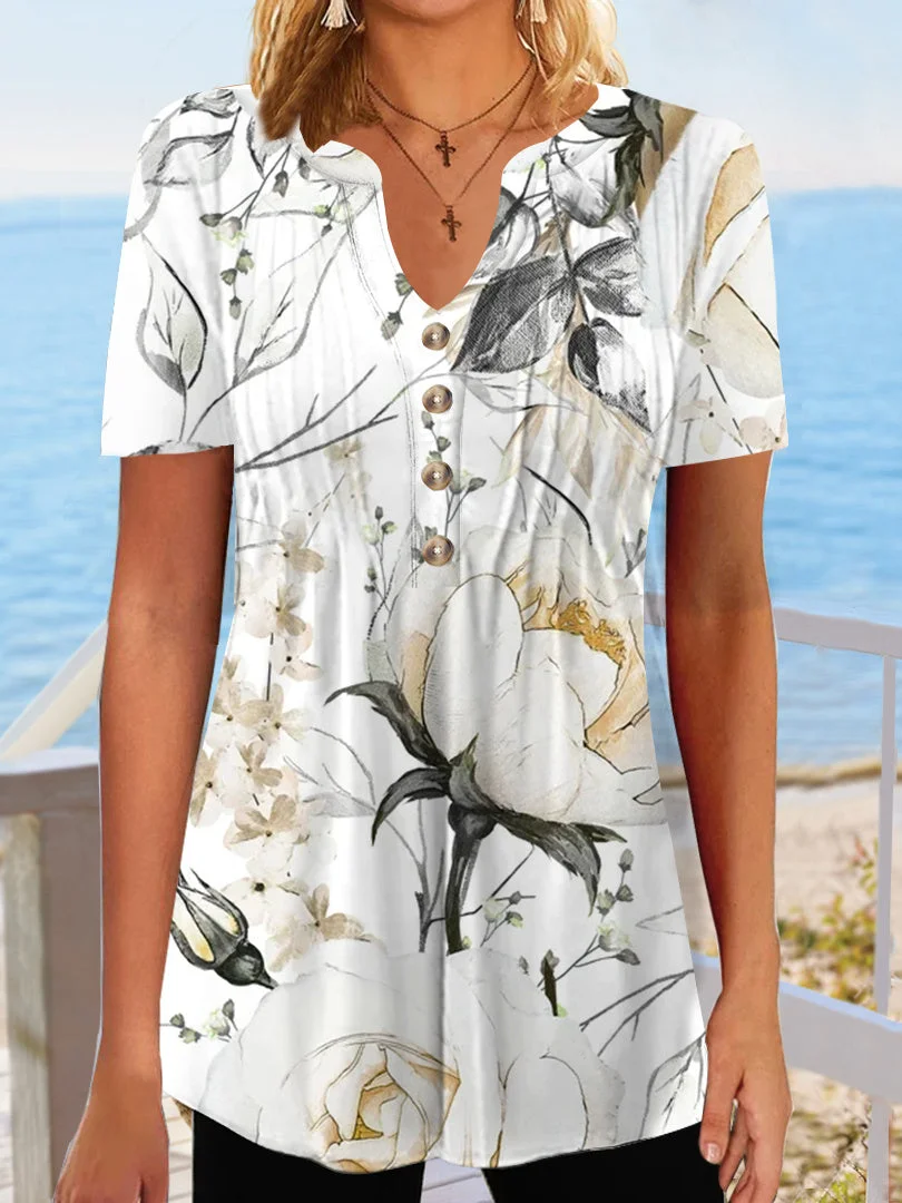 Women Short Sleeve V-neck Floral Printed Buttons Tops