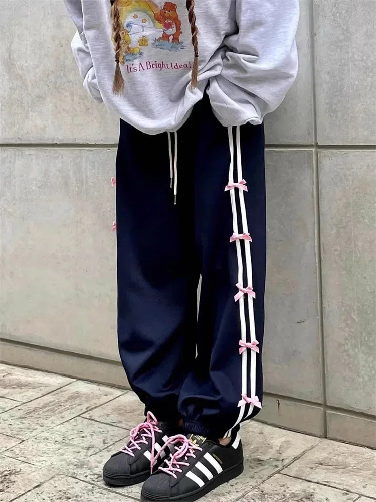 Aonga-Y2K Blue Sweatpants With Bow Women Korean Fashion Fairycore Jogger Pants Oversized Harajuku Girly Kpop Sports Trousers aonga