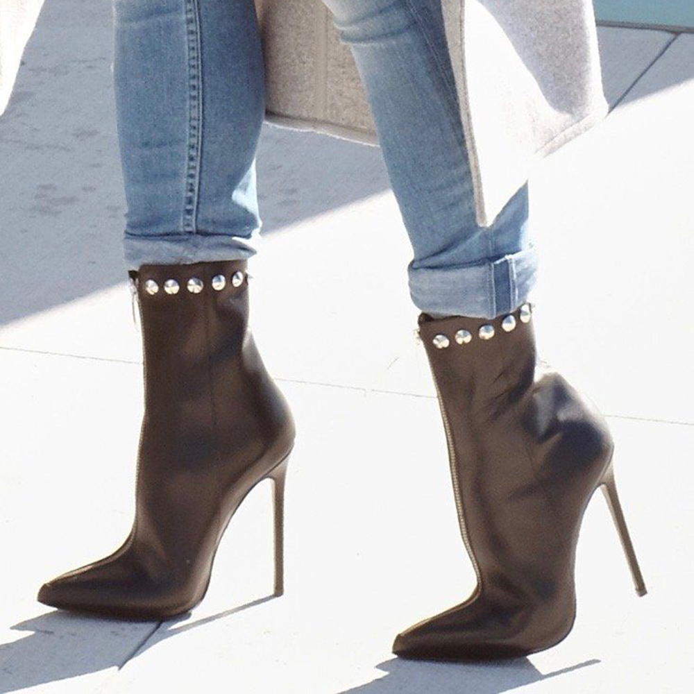 Black Vegan Leather Closed Toe Stiletto Heel Studded Ankle Boots Nicepairs