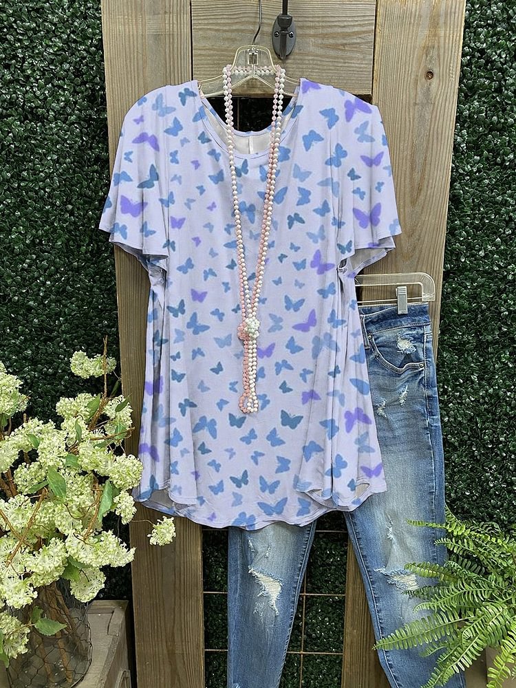 Butterfly print casual V-neck short sleeves-Mayoulove
