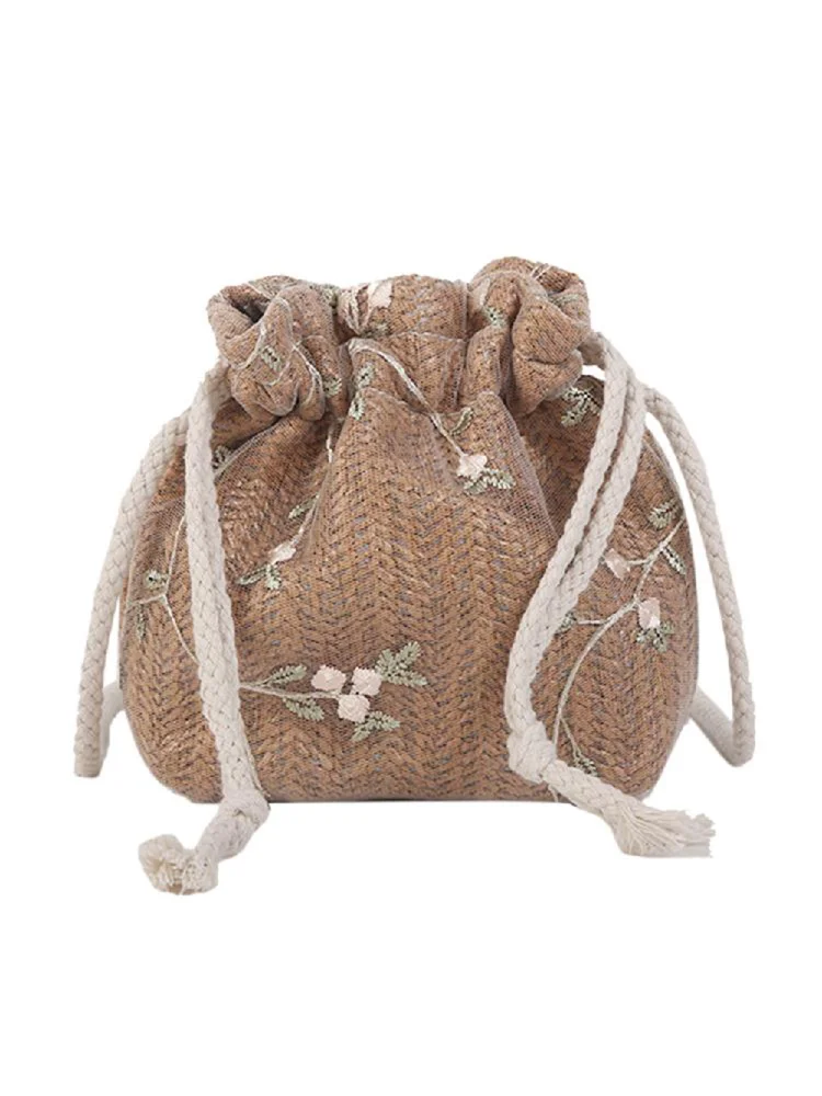 Lace Flower Decor Shoulder Handbags Women Straw Drawstring Crossbody Bags