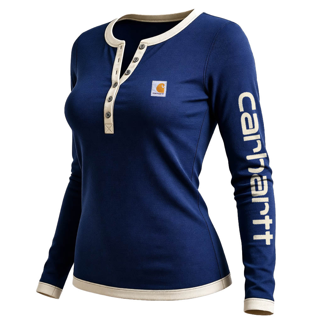 Women's Vintage Navy Blue And Beige Henley Collar Long-Sleeve T-Shirt